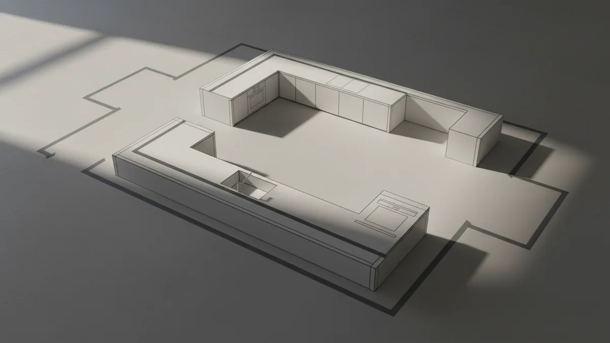 Planning a small kitchen layout with clear traffic paths and measured clearances
