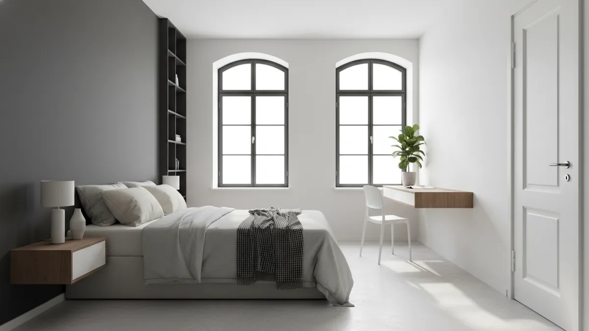 Small bedroom layout showing desk access, bed placement, and open floor space