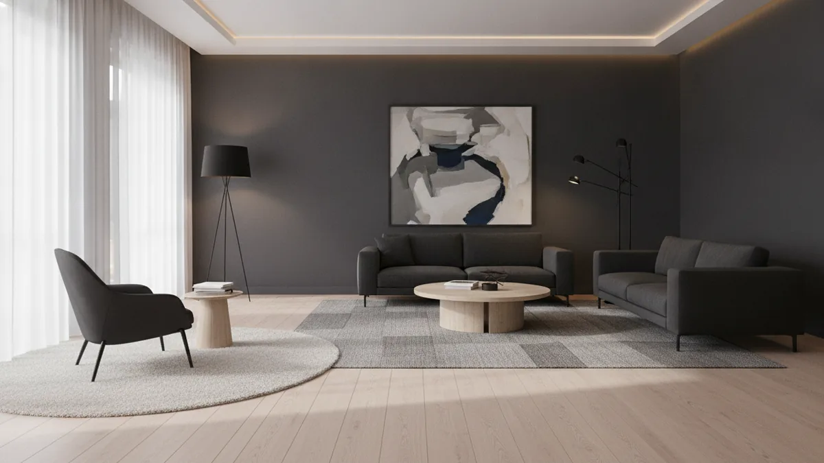 Zone by activity with rugs Zoned living room with rugs and layered lighting separating reading and entertainment areas.