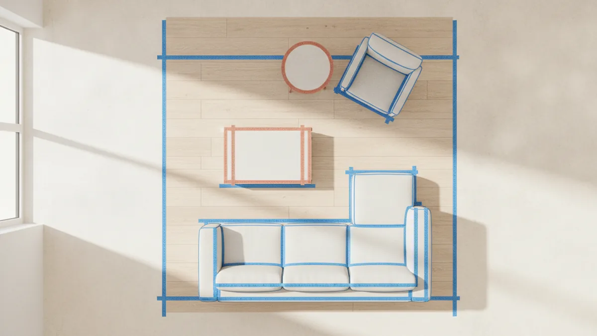 Room layout planning showing an L-shaped sectional footprint and walk paths