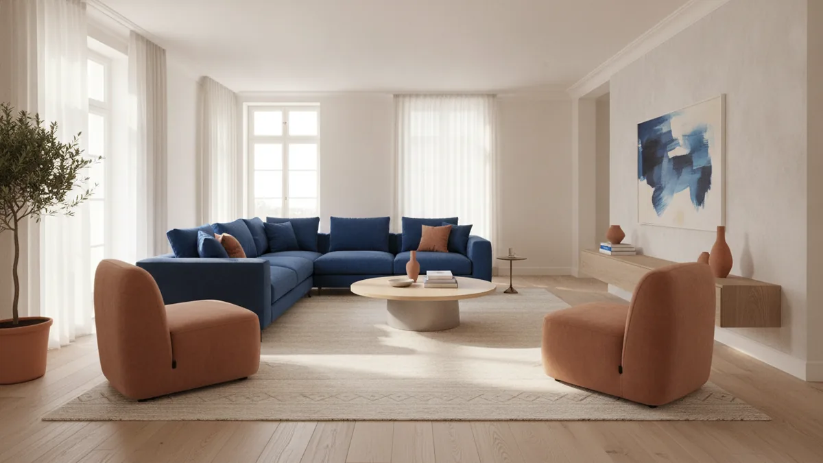 Large living room layout with L-shaped sofa and chairs forming a conversation cluster