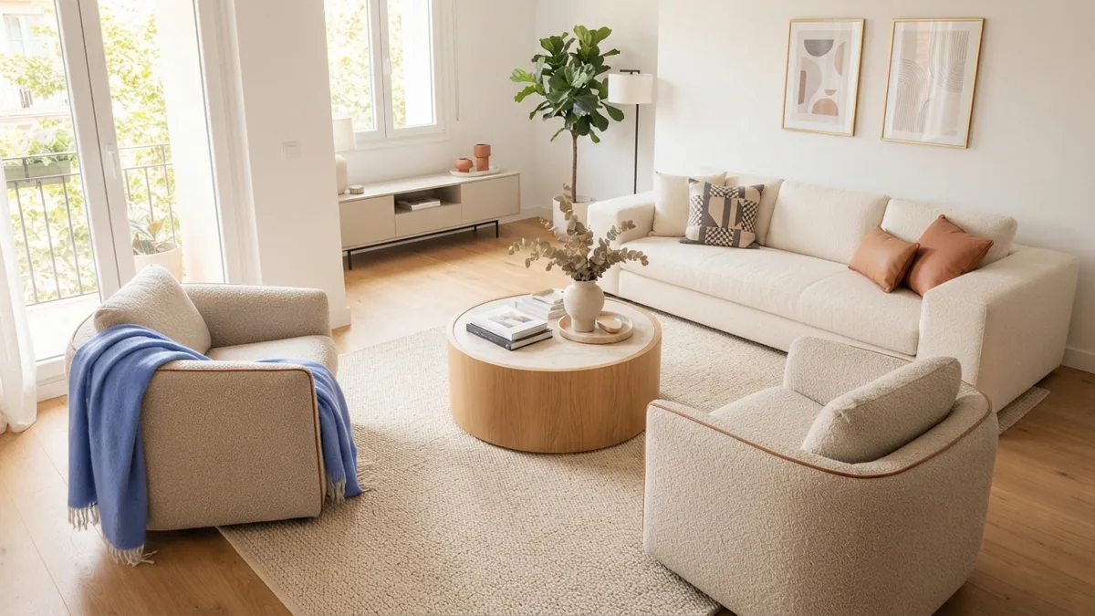 U-shaped seating group Living room floor plan with clear paths around sofas, chairs, and windows