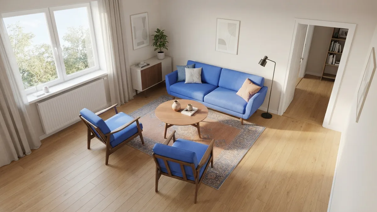 Measured living room with furniture gaps and walking paths clearly planned