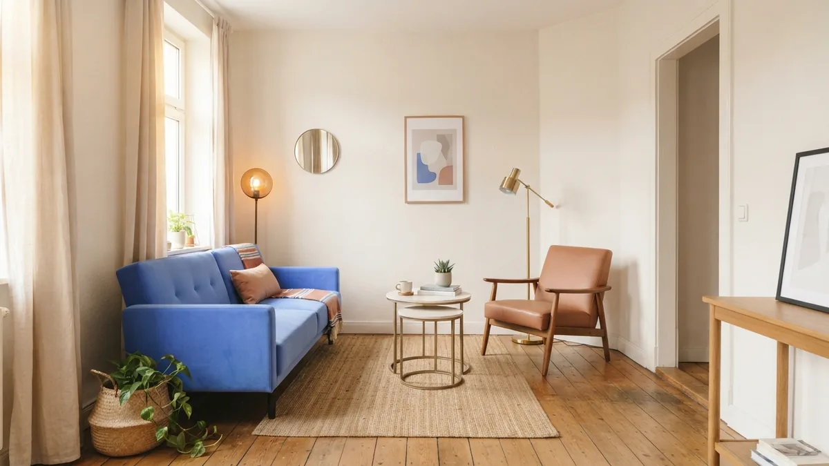 Compact living room using a slim sofa, nesting tables, and one reading chair