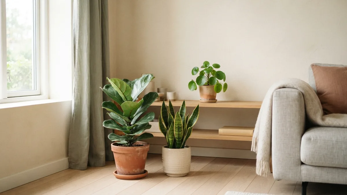 Houseplants with varied leaf shapes arranged near a bright Scandinavian living room window