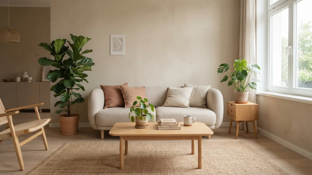 Tall, medium, and small plants arranged in levels beside Japandi living room furniture