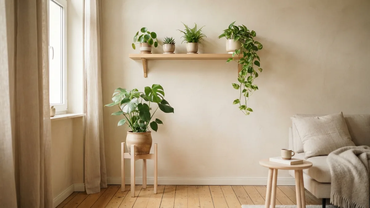 Use shelves and plant stands Small plants on pale wood shelves and a stand using vertical living room space