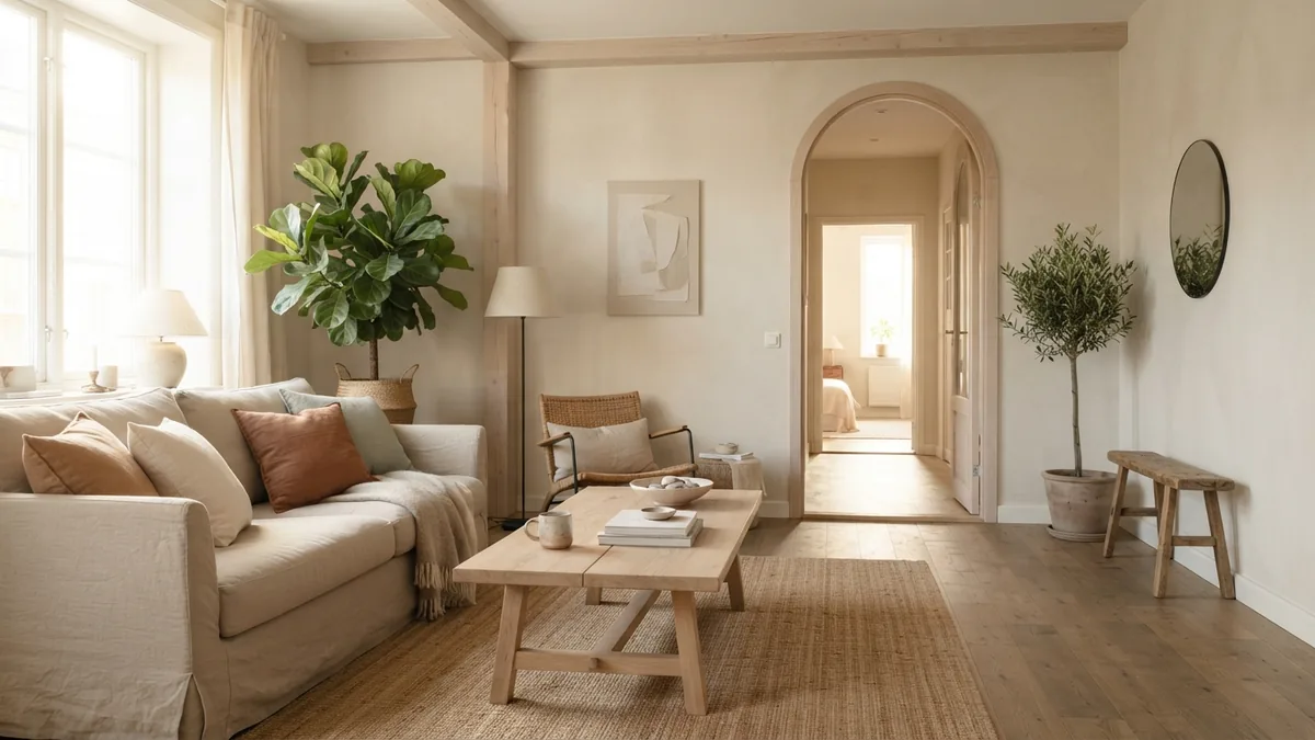 Create calm flow with plants Rounded-leaf plants create an open, balanced flow in a warm coastal living room
