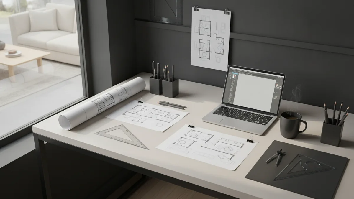 Interior design study materials arranged for learning and sketching.