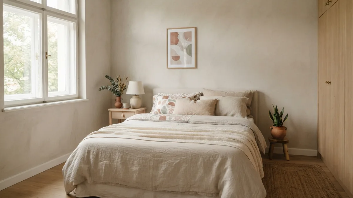 European bedroom with layered linen, pale wood, and balanced warm decor