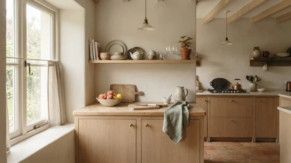 Warm European kitchen with simple natural finishes Lived-in European kitchen with pale oak cabinets and muted sage accents