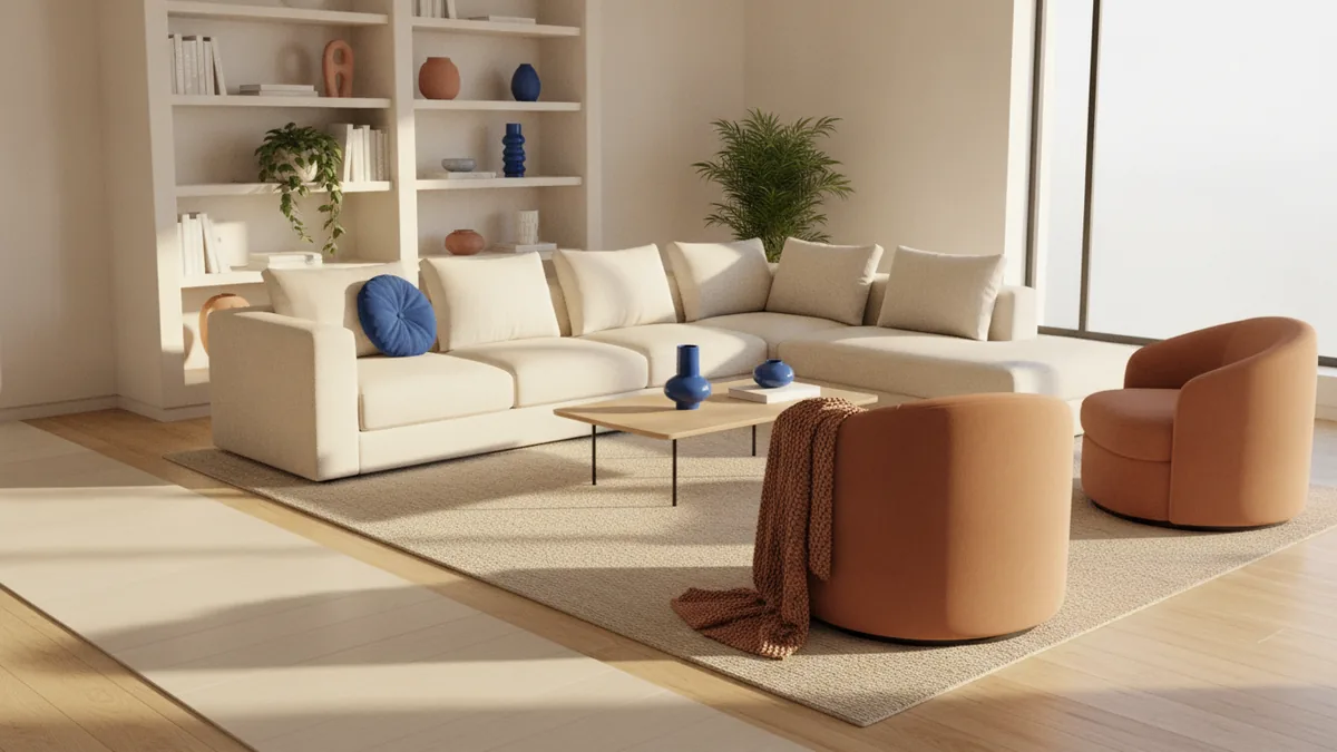 Living room layout that shows practical space flow and comfortable lighting