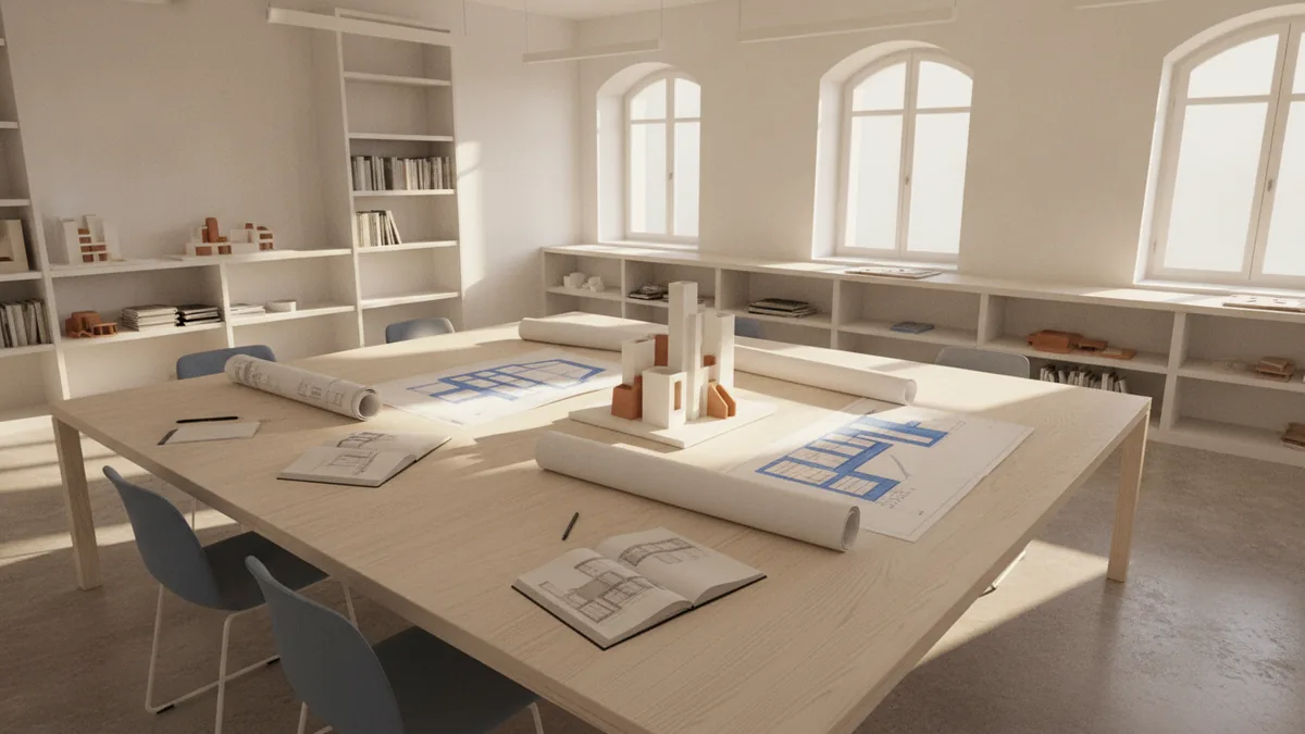 Design studio classroom showing collaborative learning and drafting materials