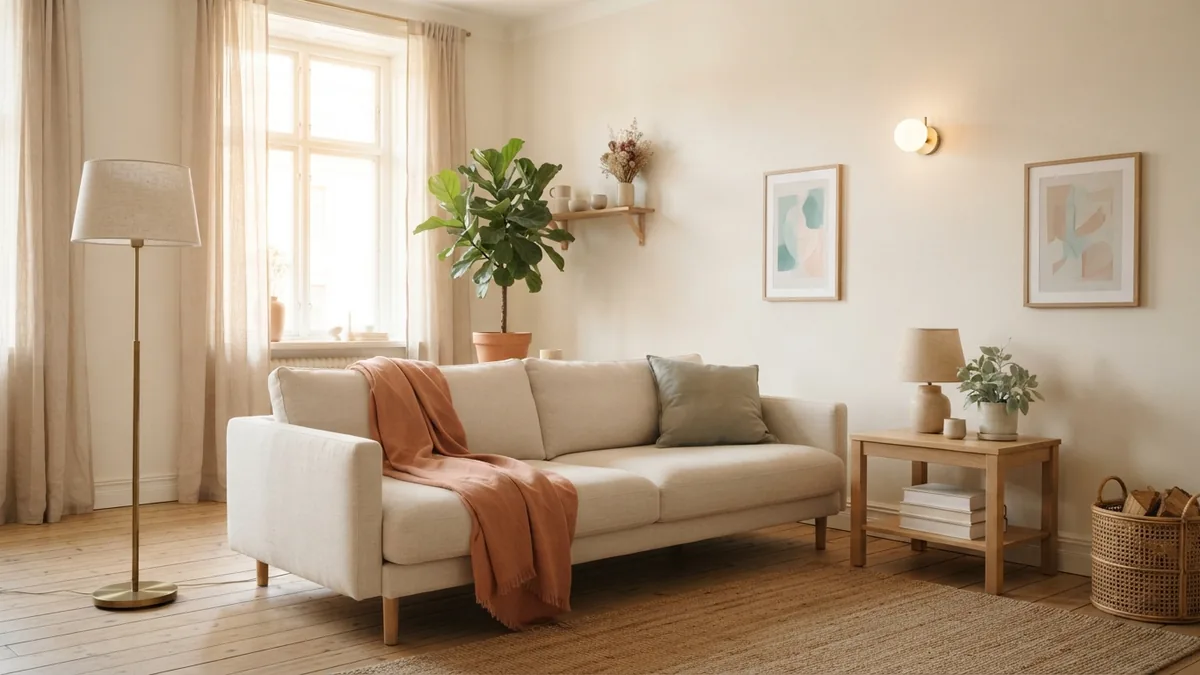 Layered lamps create balanced room light Layered lighting in a warm living room with floor, table, and wall lamps