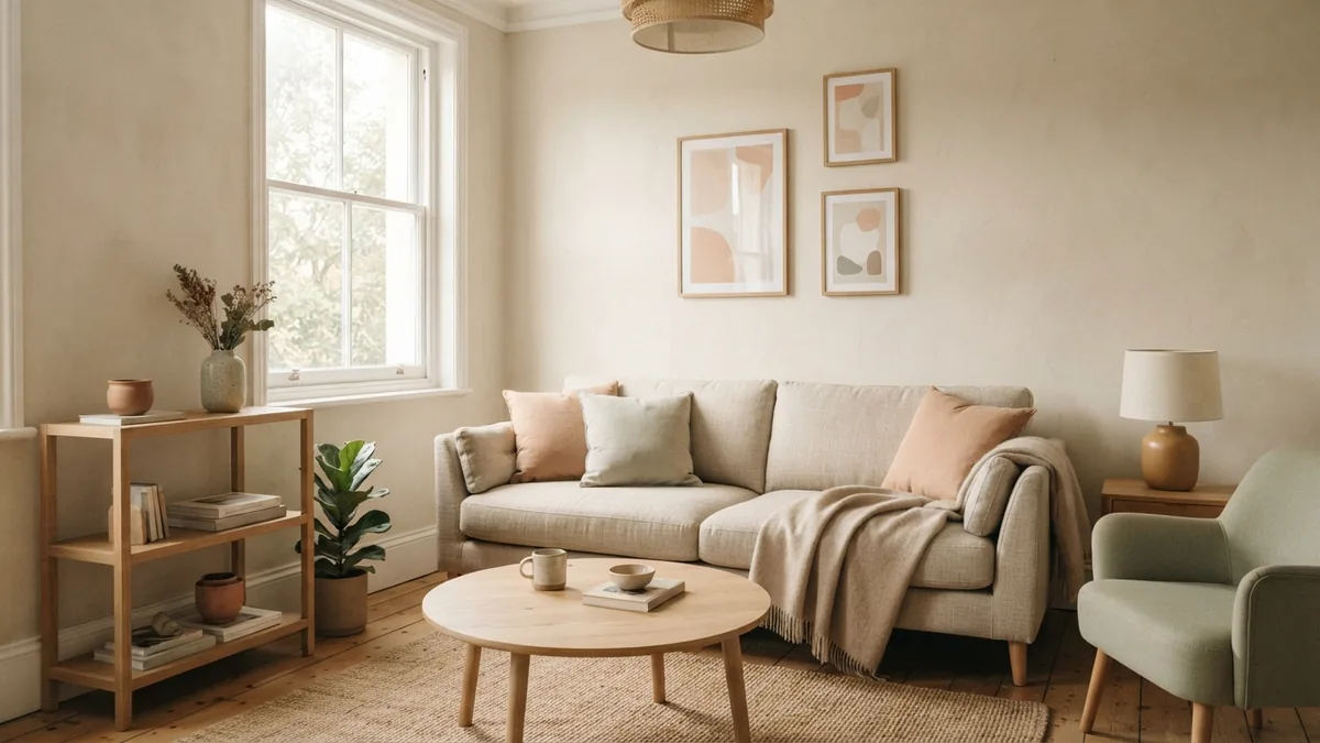 Soft cream living room with pale colors, light oak furniture, and warm daylight