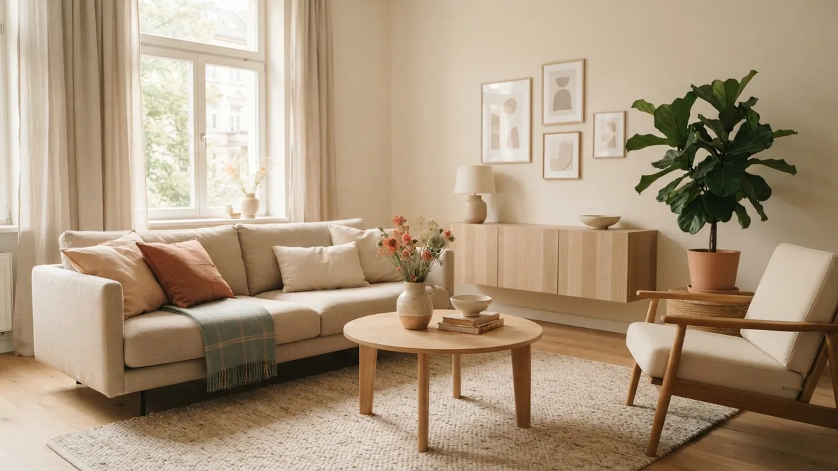 Light furniture and natural textures make a dark living room feel airy