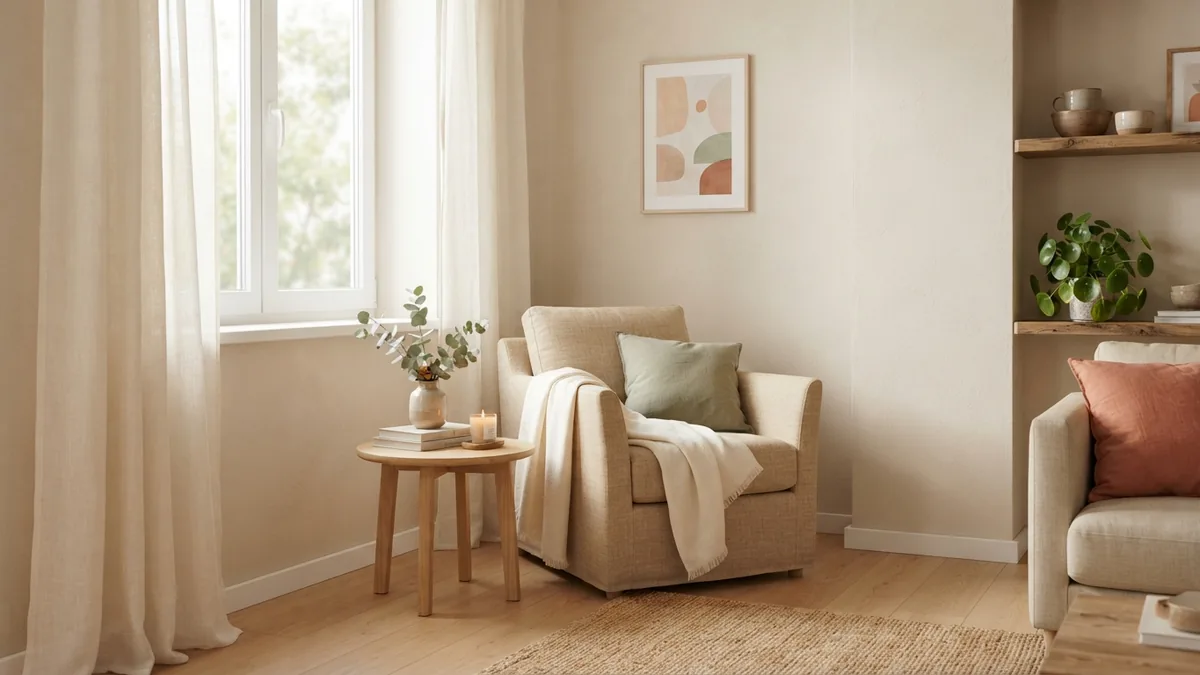 Sheer ivory curtains let soft daylight into a warm European living room