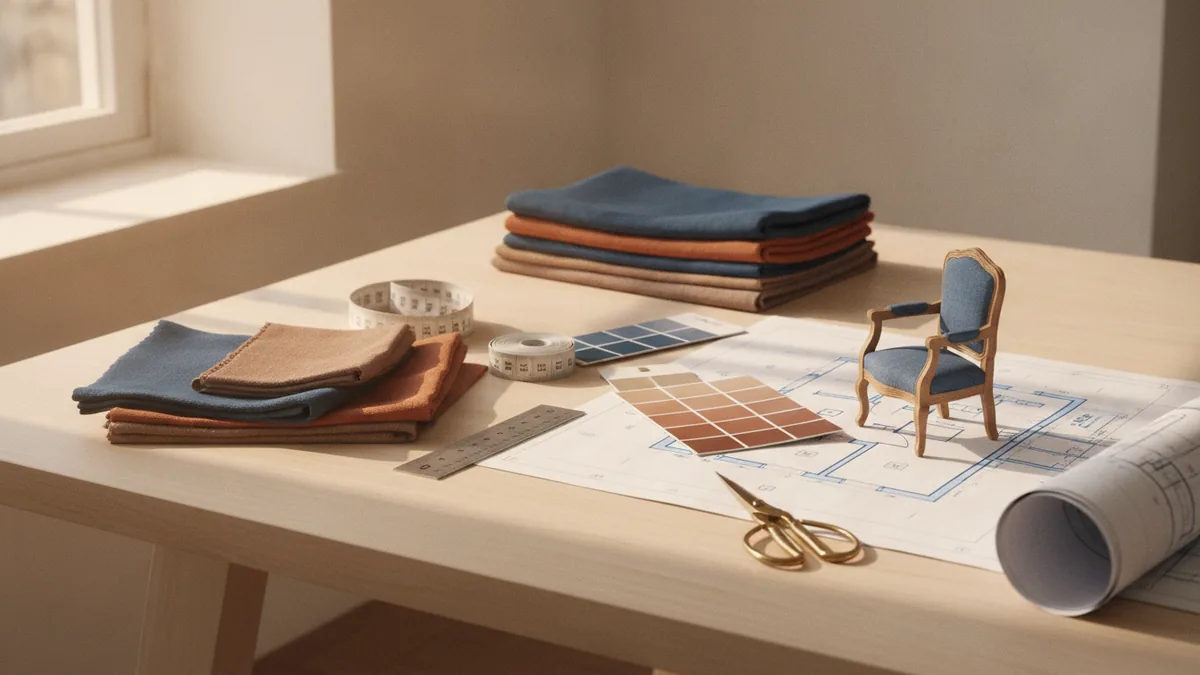 Interior decorator planning a room with fabric samples and scaled floor plan