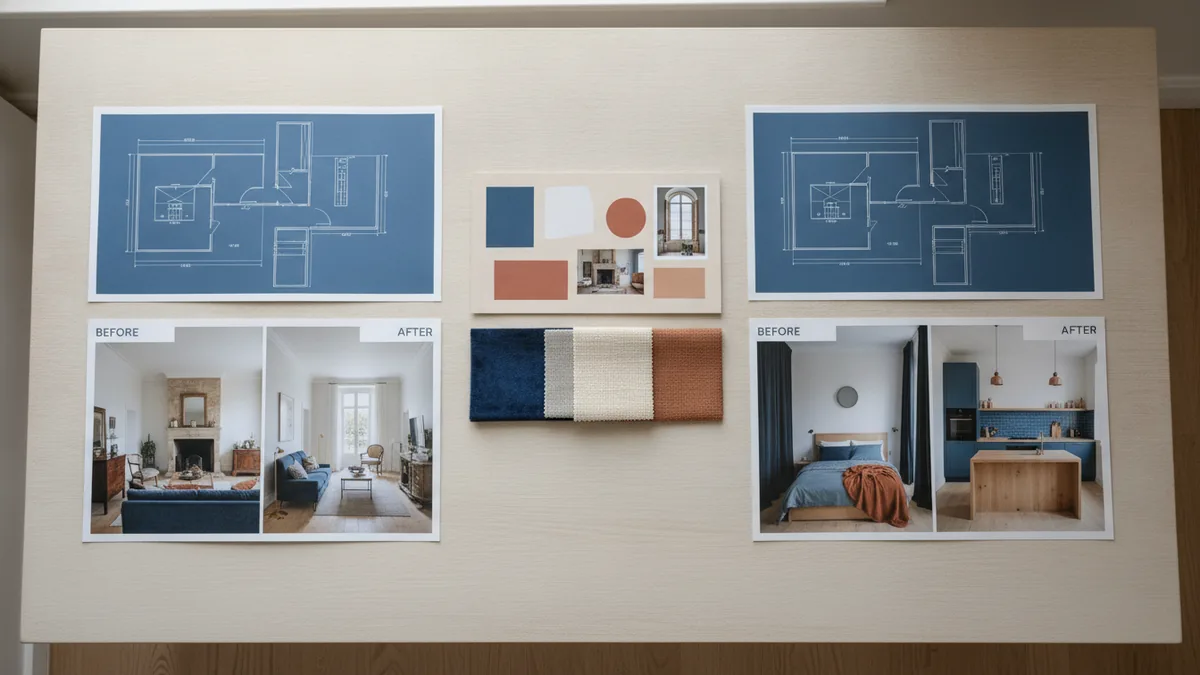 Interior decorating portfolio layout Interior decorating portfolio with room plans, mood boards, and material samples