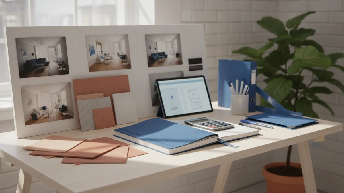 Small decorating business workspace Small design studio workspace with samples, notebook, and project planning tools