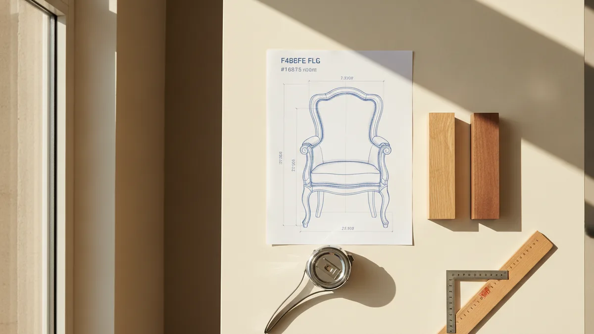 Sketches and measurements for a custom living room chair beside wood samples
