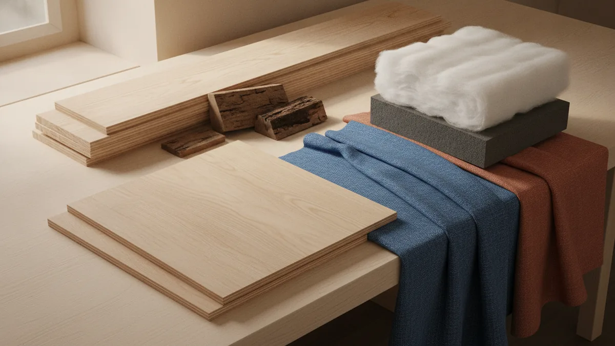 Pine boards, oak pieces, plywood, foam, and upholstery fabric ready for chair building