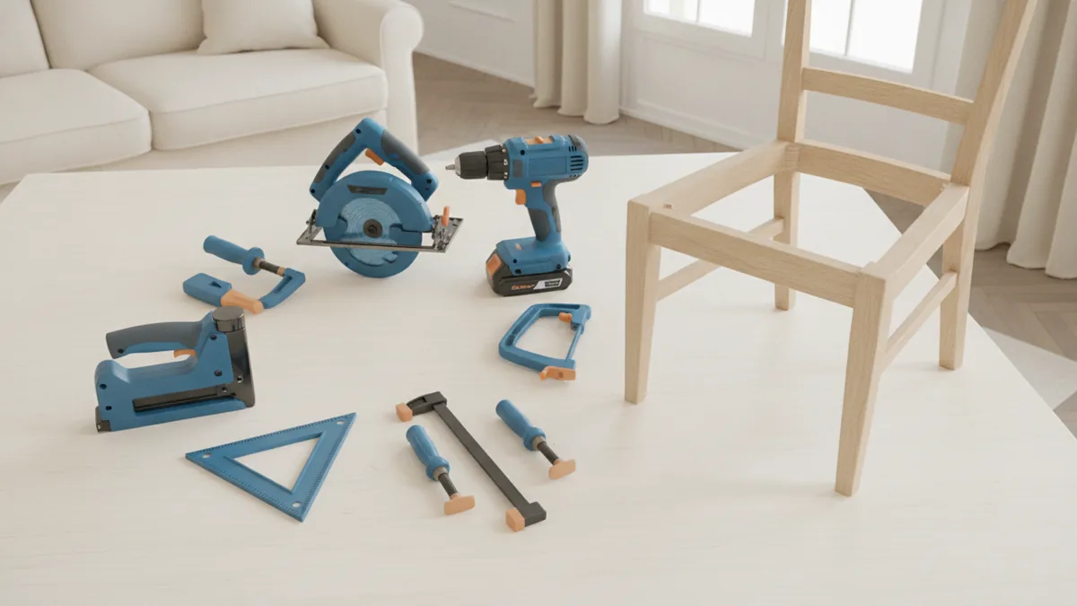 Saw, drill, clamps, sander, square, and staple gun arranged for chair construction