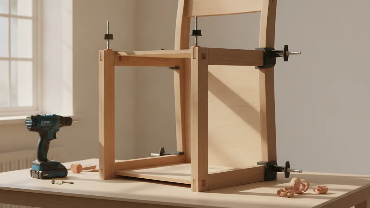 Wood chair frame being assembled with clamps, rails, screws, and plywood panels