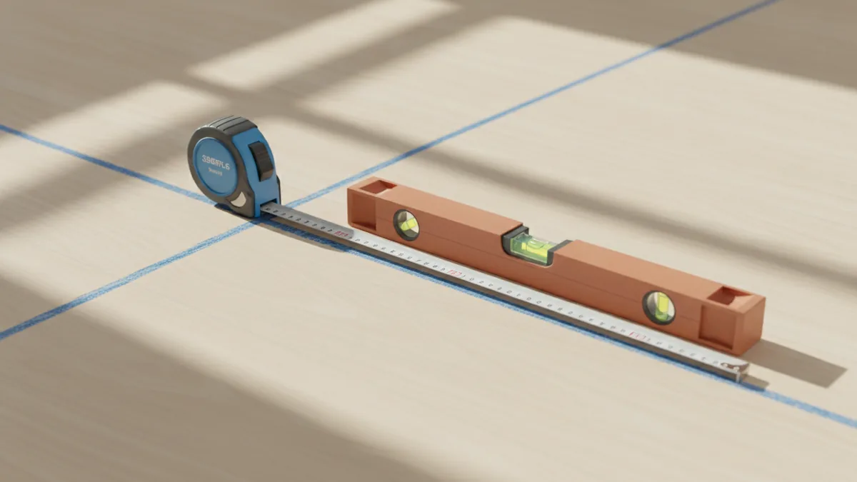 Measuring and leveling layout lines for a partition wall in a room