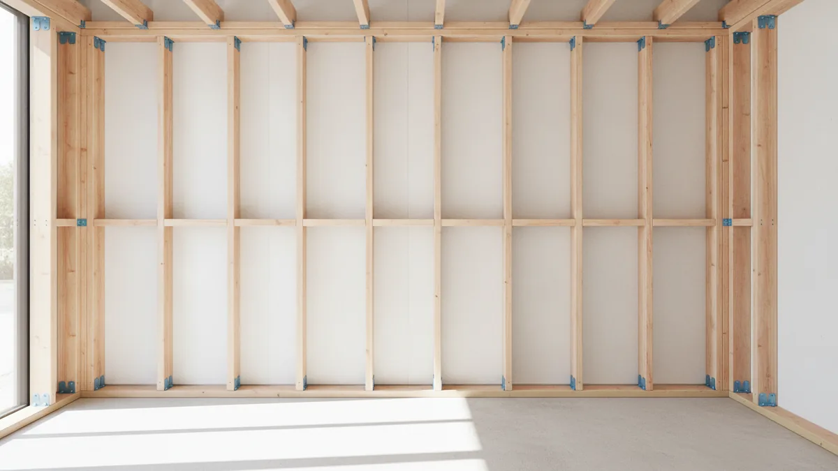 Framed partition wall studs spaced for drywall installation