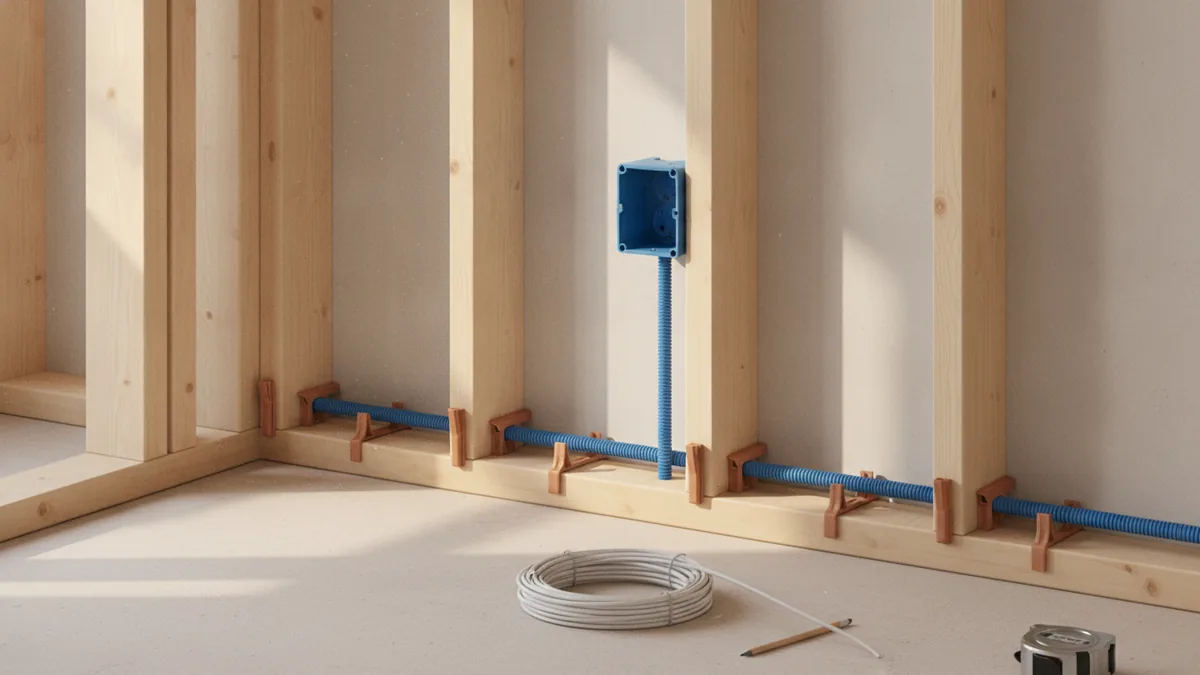 Plan wiring before closing Planned electrical wiring route inside a stud cavity before drywall closes