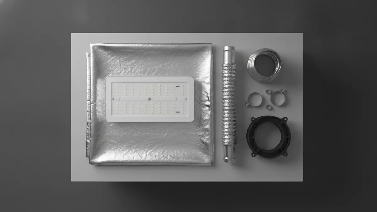 Grow room equipment laid out: reflective sheeting, light, and ventilation parts