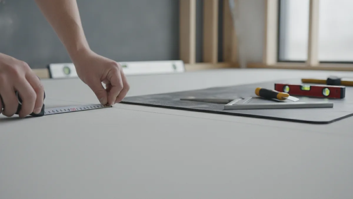 Measure and mark the wall line Measuring the location for a temporary room divider along the floor line