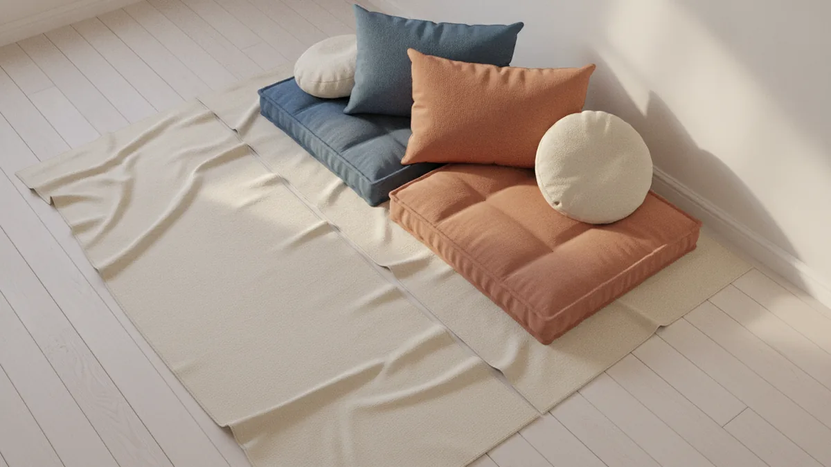 Indoor play tent corner with cushions, blanket floor, and clear entrance space