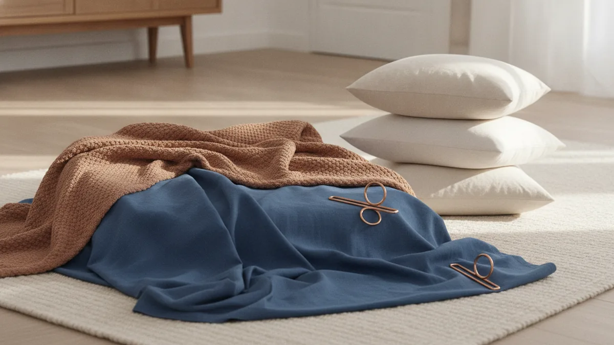 Sheets, blankets, and pillows arranged for making a living room tent