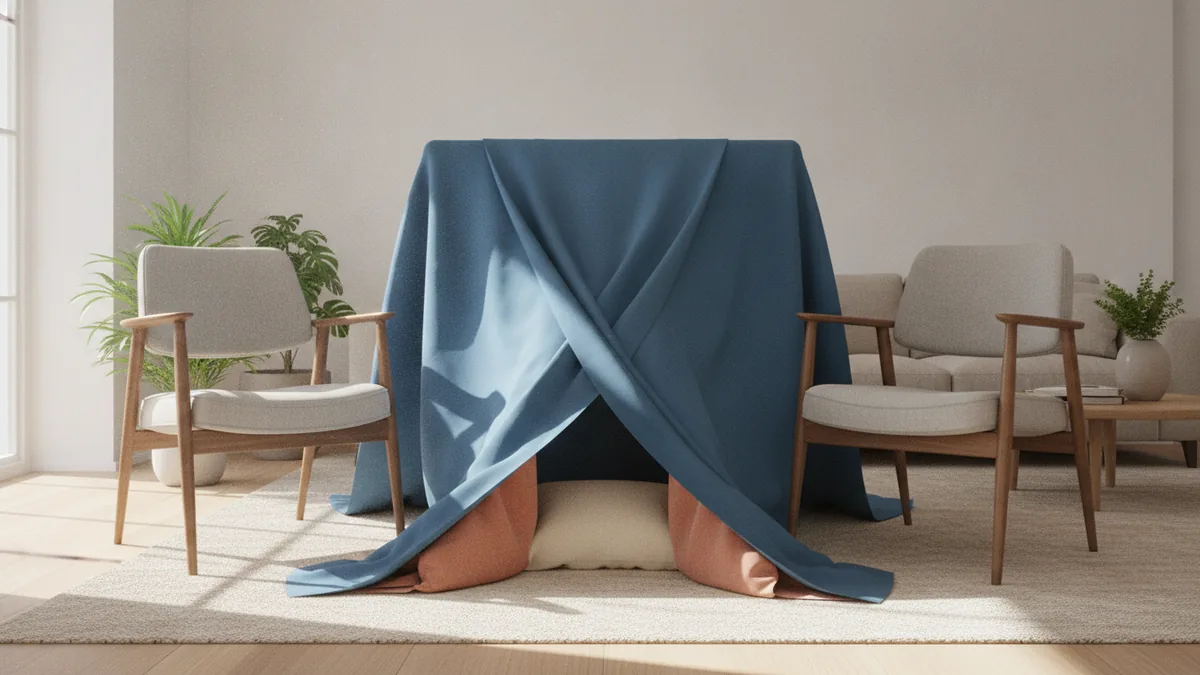 Temporary chair-and-blanket tent with a simple doorway in a living room