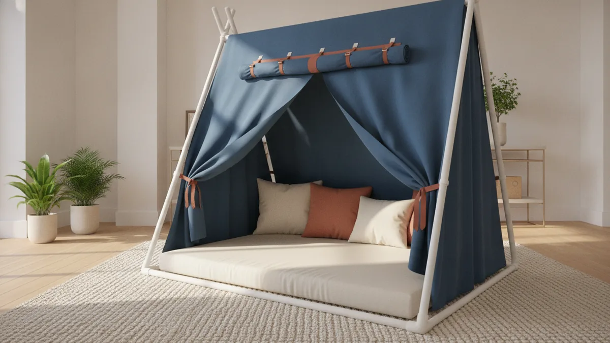 Sturdy A-frame indoor tent with fabric cover and cushioned floor