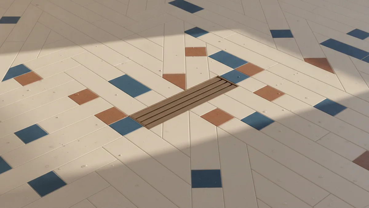 Drainage direction and slope Continuous wet room floor that slopes toward a central drain.