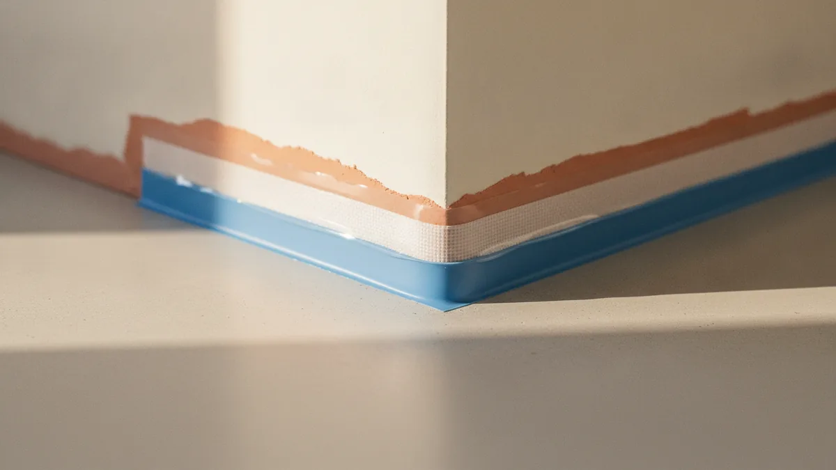 Corner waterproofing detail for a wet room floor and lower wall.