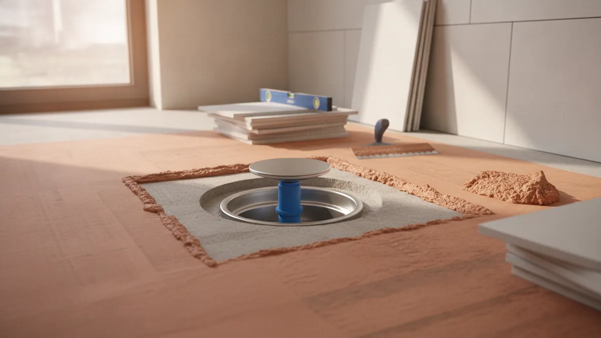 Drain area in a wet room under construction with a sloped base.