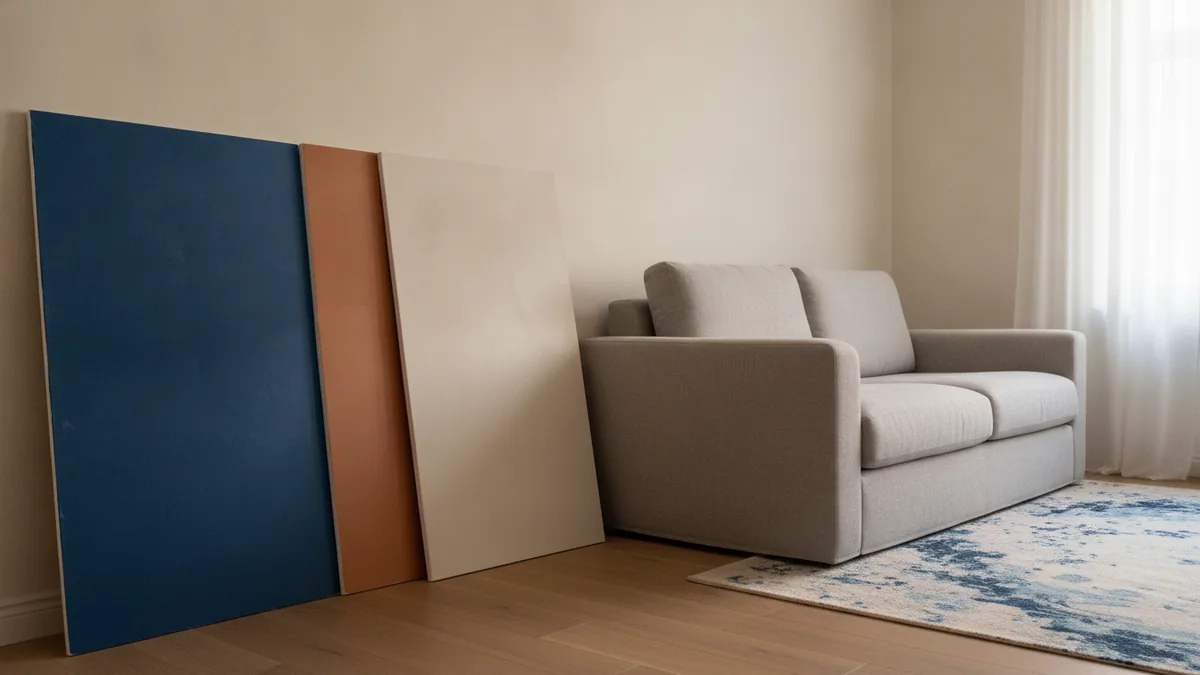 Testing a dominant wall color Paint sample boards beside a sofa and rug under changing natural room light