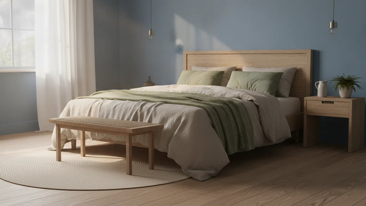 Calm bedroom color palette Peaceful bedroom with muted blue walls, warm bedding, and soft green accents