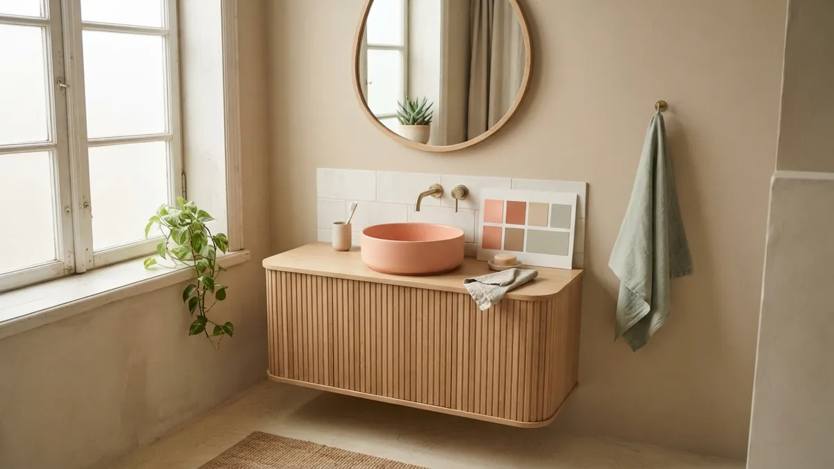 Testing warm bathroom paint colors Warm beige bathroom paint beside pale oak and soft coral accents in natural daylight