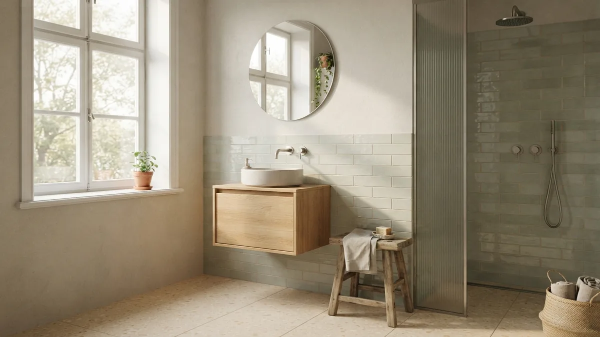 Pale sage and cream bathroom tiles paired with oat grout and natural wood