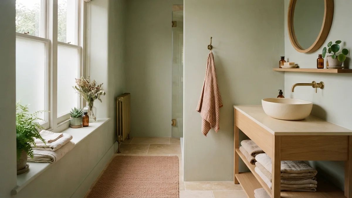Nature-inspired bathroom with terracotta rug, sage wall, cream surfaces, and pale oak storage