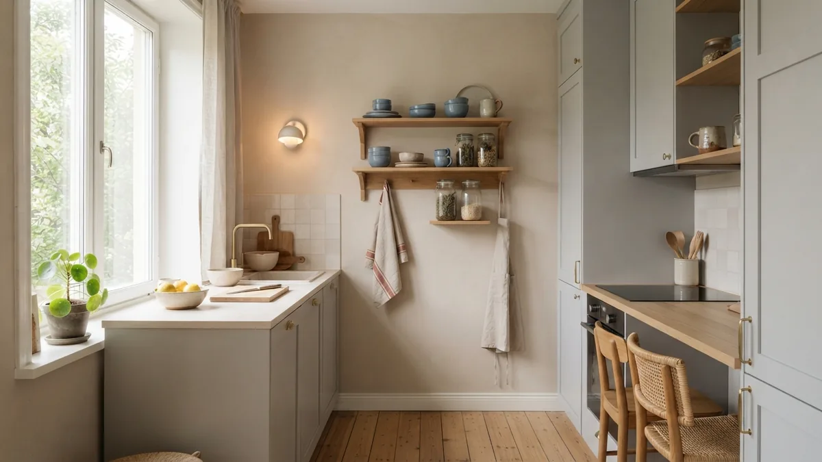 Light gray kitchen cabinets paired with soft beige walls and muted blue decor