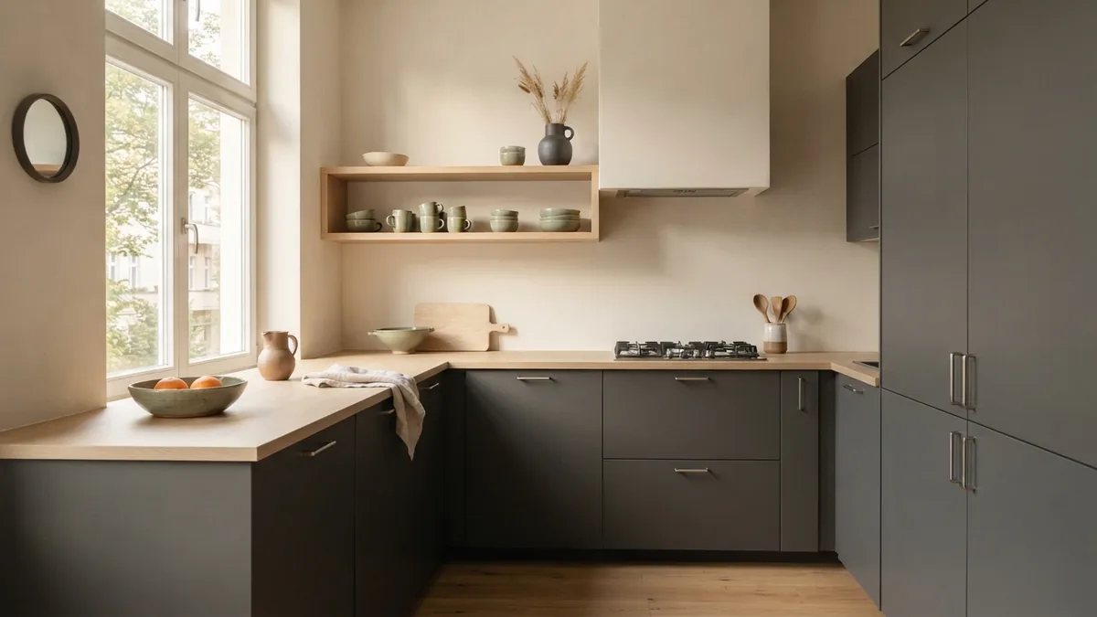 Sage accents in a dark gray kitchen Dark gray kitchen cabinets with sage accents, cream walls, and pale oak textures