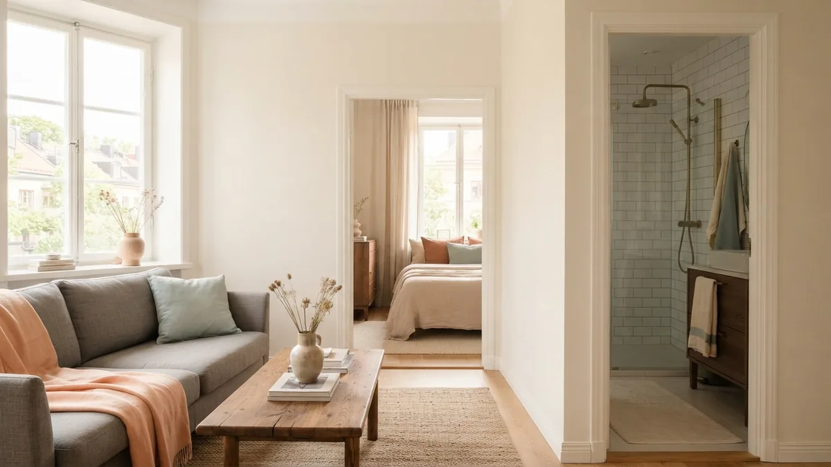 Warm color links across the home Warm cream home interior with brown furniture, gray textiles, and sage accents