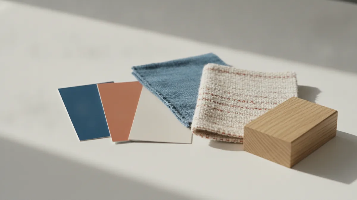 Start with decor anchors Paint samples next to fabric and wood swatches for building a matching palette