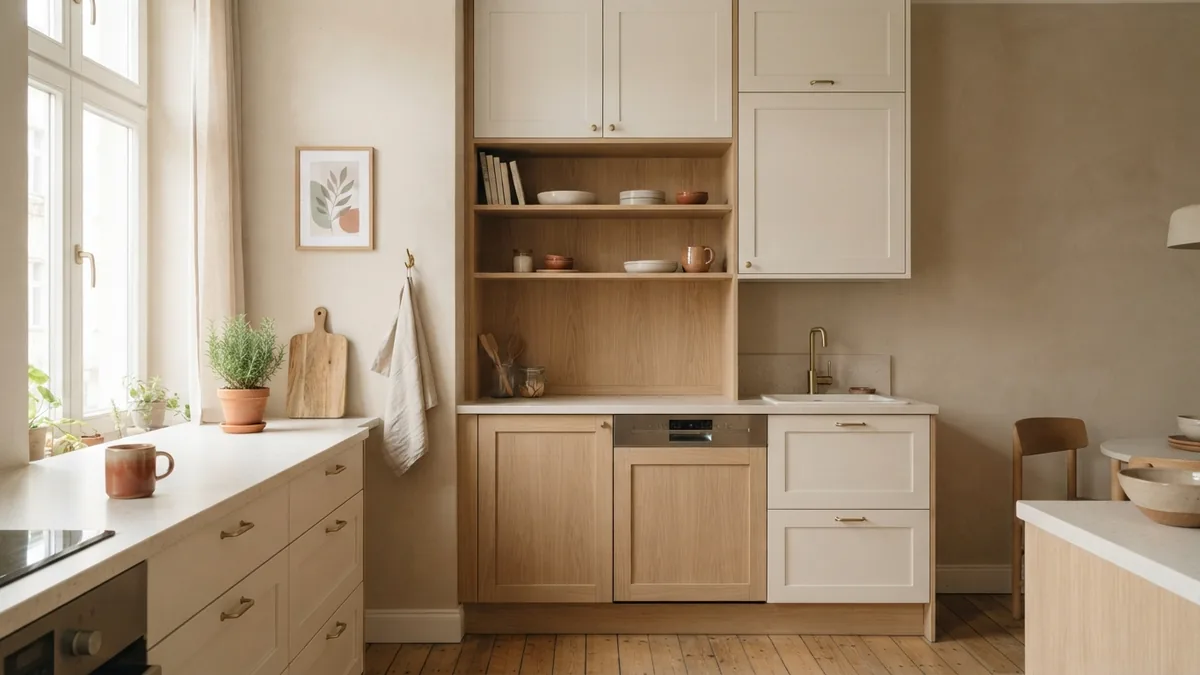 Warm white kitchen cabinets paired with pale oak and soft sage accents